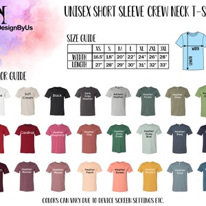 May include: A graphic showing a size and color guide for unisex short sleeve crew neck t-shirts. The size guide lists widths from 16.5 inches to 28 inches and lengths from 27 inches to 33 inches. Color options include white, black, red, and navy.