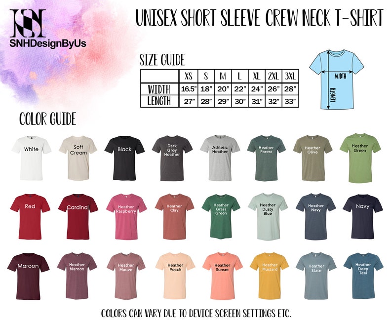 May include: A graphic showing a size and color guide for unisex short sleeve crew neck t-shirts. The size guide lists widths from 16.5 inches to 28 inches and lengths from 27 inches to 33 inches. Color options include white, black, red, and navy.