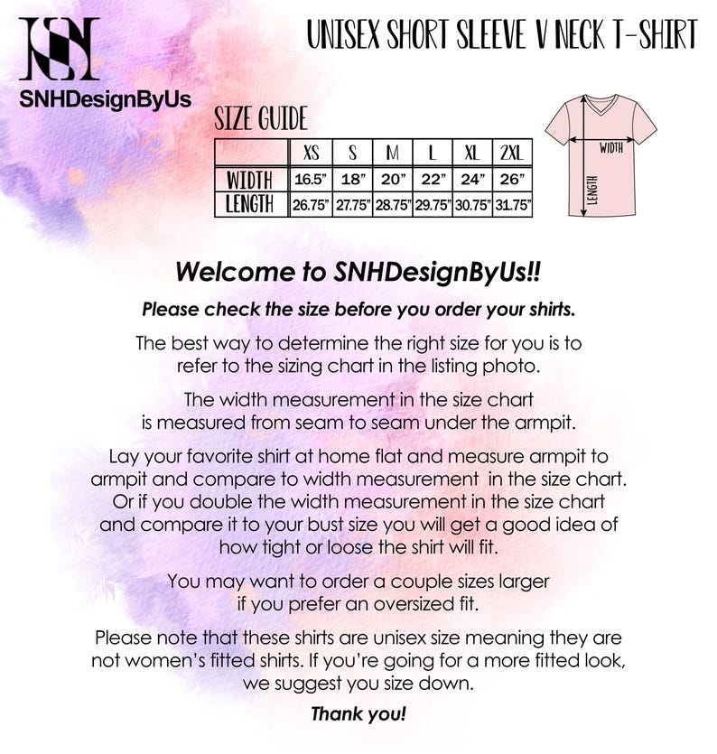 Op de afbeelding: Een maattabel voor unisex T-shirts met korte mouwen en V-hals, met afmetingen in cm. De tabel bevat maten XS tot 2XL, met details over breedte en lengte. De tekst adviseert om de maat te controleren voordat u bestelt.