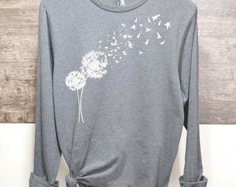 Dandelion with Birds Long Sleeve Shirt | Dandelion Flower Long Sleeve Shirt | Bird Shirt | Wild Flower Shirt | 11983