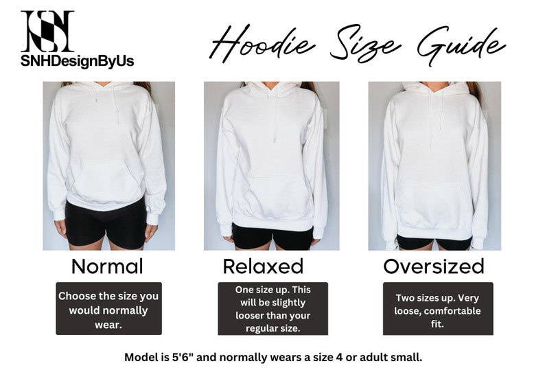 May include: A white hoodie size guide with three examples: Normal, Relaxed, and Oversized. The guide shows how the hoodie fits based on the size chosen. The text reads "Choose the size you would normally wear," "One size up. This will be slightly looser than your regular size," and "Two sizes up. Very loose, comfortable fit."