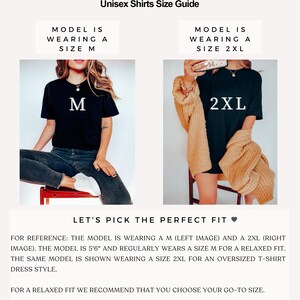 May include: A size guide for unisex shirts, featuring two models wearing different sizes. The guide includes text that reads "SNHDesignByUs" and "Unisex Shirts Size Guide." The models are wearing a size M and a size 2XL. The guide provides sizing recommendations.