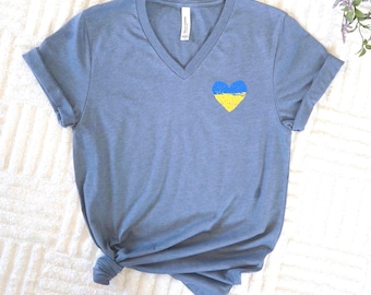 Ukraine Flag Heart V-Neck Shirt, Support Ukraine Tee