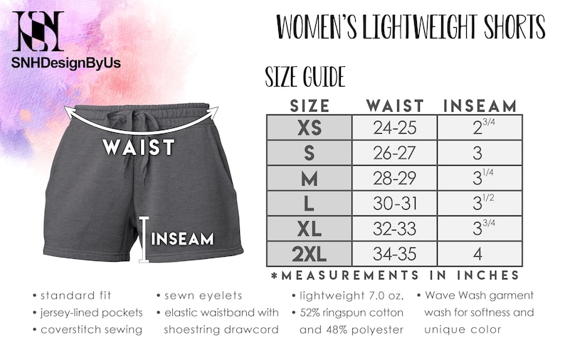 Op de afbeelding: Donkergrijze lichtgewicht shorts met een tailleband met trekkoord en jersey gevoerde zakken. De afbeelding bevat een maattabel met taille- en binnenbeenlengtematen in inches, vari&euml;rend van XS tot 2XL. De shorts zijn gemaakt van 52% ringspun katoen en 48% polyester.