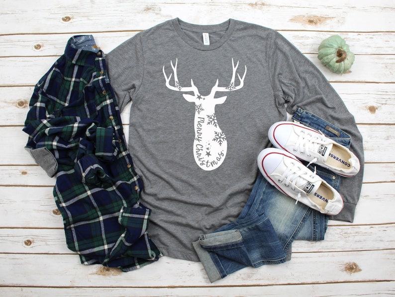Reindeer Christmas Tee Long Sleeve Crewneck Tee Reindeer Snowflakes Shirt Christmas T-Shirt Comfy Christmas Tee 11467