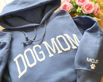 Custom Dog Mom Hoodie with Dogs Names On The Sleeve, Puff Lettering