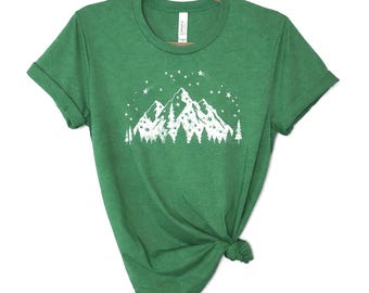 Night Mountain Stars Shirt, Camping Adventure, Forest Landscape, 12499