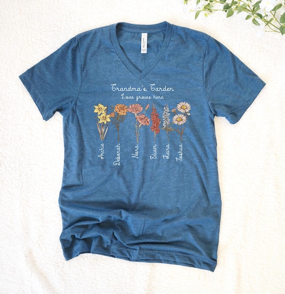 Grandma's Garden Birth Flower Shirt, Personalized Grandkids' Names V-Neck, 120