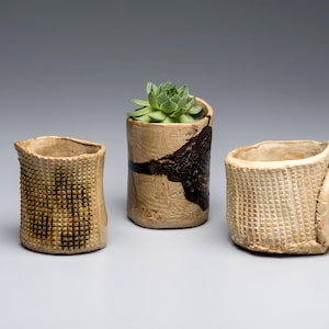 Puede incluir: Tres macetas de cerámica hechas a mano con diferentes formas y texturas. Las macetas son de color beige con detalles en marrón oscuro. Una maceta contiene una pequeña suculenta verde. Las macetas son adecuadas para plantas pequeñas y suculentas.
