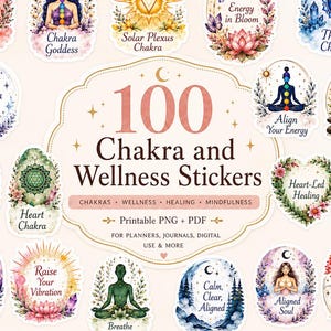 100 Chakra Wellness Stickers, Printable PNG + PDF (Digital Download)