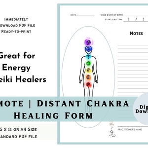 May include: A white printable Remote Chakra Healing Form with a diagram of a human figure with chakra symbols. Text includes "Great for Energy & Reiki Healers" and "Digital Download". The form is available in 8.5 x 11 or A4 size.