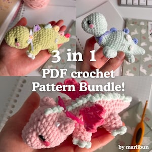 May include: A crochet pattern bundle featuring three different dinosaur designs in shades of green, blue, and pink. The image includes the text "3 in 1 PDF crochet Pattern Bundle!" and the creator's name, "mariibun."