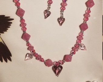 Lovely Swarovski Crystal Hearts and Beads with Czech Glass Spacers Necklace and Earrings Set 25.00