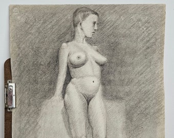 Hermoso boceto en carboncillo de estudio de la década de 1940 n.° 2 de una mujer, por Albert Matysek