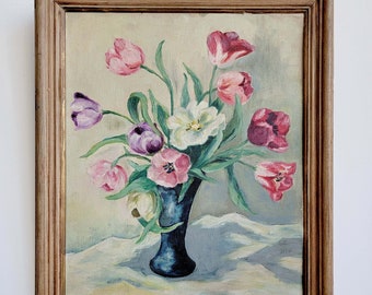 Bella metà del secolo vintage tulipano Boquet pittura stilllife