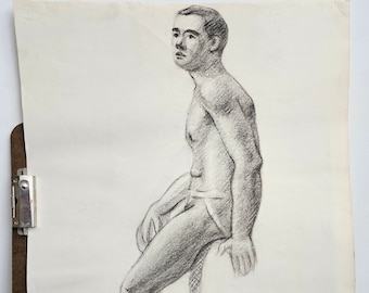 Hermoso boceto a carboncillo de estudio de principios de los años 50 n.° 1 de un hombre, por Albert Matysek