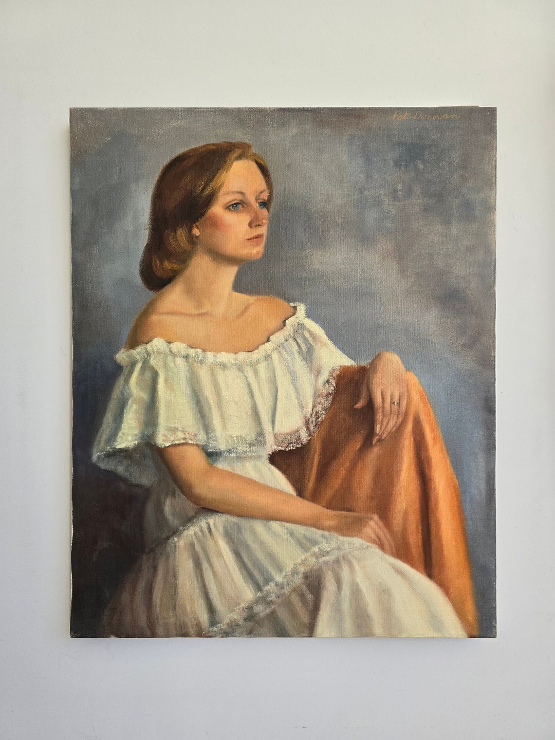 Vintage Portrait Painting of Woman in White Dress by Pat Donovan - Etsy