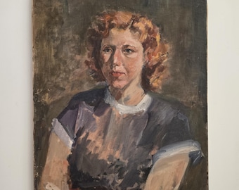 Vintage 1940s Expressionist Portrait of a Redhead, Mid-Century Figurative Painting