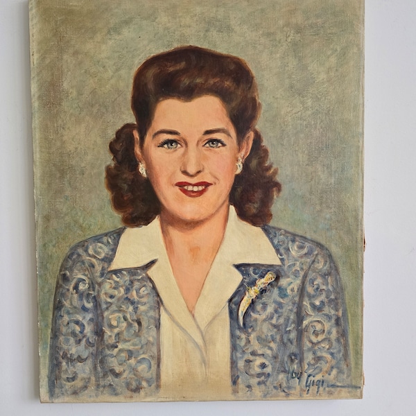 Pretty 1940's Portrait Painting of Mid Century Woman by Gigi