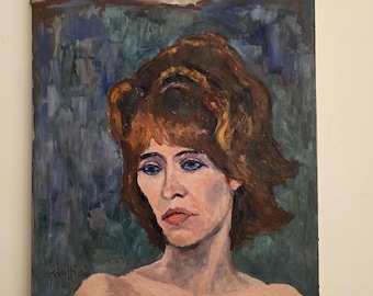 May include: A painting of a woman with red hair and blue eyes. The woman is wearing a light pink top and has a blue background behind her. The painting is signed in the bottom left corner.