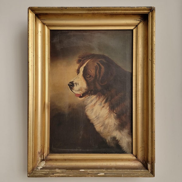 1911 Antique Portrait Oil Painting of Dog Signed