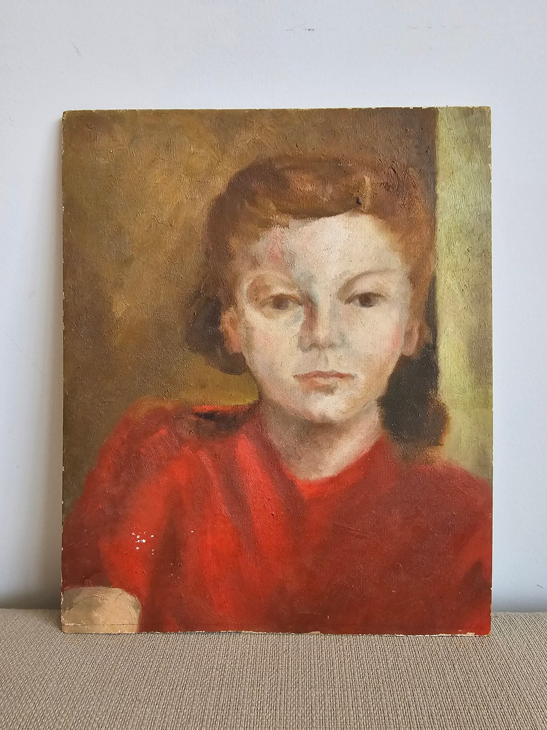 1950's Portrait Painting of a Girl in Red Etsy