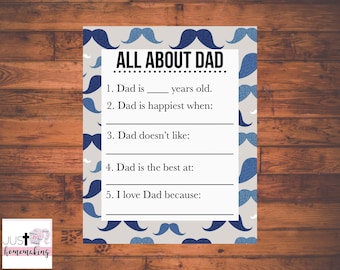 Questionario tutto su papà / Biglietto stampabile per la festa del papà / Regalo per la festa del papà