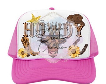 May include: Pink trucker hat with a white front panel featuring the word "HOWDY" in brown lettering, a gold star, a brown cowboy hat, a brown and white cow head, a pair of brown cowboy boots, a yellow sunflower, and a brown horseshoe.