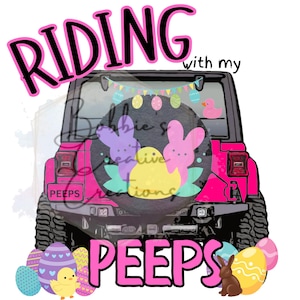 Könnte beinhalten: Pinkfarbener Jeep mit einem Reserverad, das mit Oster-Peeps verziert ist und dem Text "Riding with my Peeps".