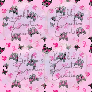 May include: A pink and white seamless pattern featuring pink ribbons, black and white jeep silhouettes, and the text "Bobbie's Creative Creations".
