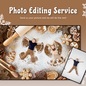 May include: Two children making snow angels in a snowy scene with gingerbread cookies and other festive decorations. The image is an advertisement for a photo editing service.