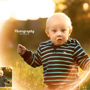 May include: A young boy with a surprised expression is wearing a striped blue and green shirt. He is standing in a field of tall grass with a bright light behind him. The light creates a halo effect around him.
