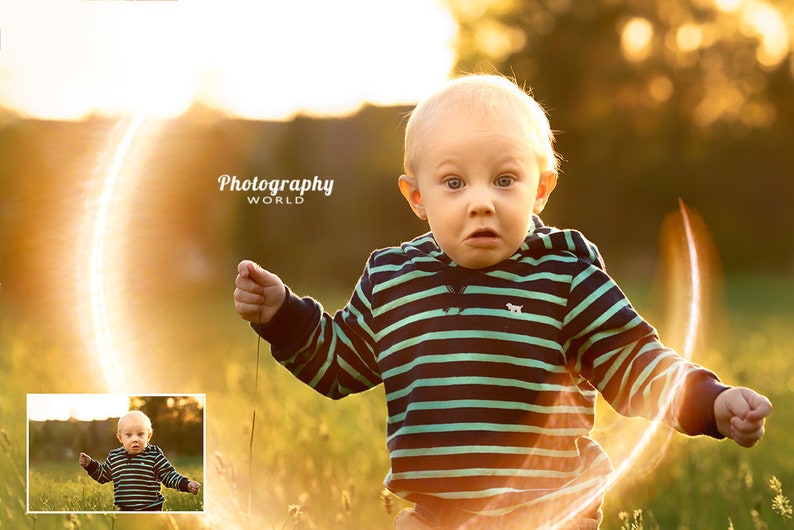 May include: A young boy with a surprised expression is wearing a striped blue and green shirt. He is standing in a field of tall grass with a bright light behind him. The light creates a halo effect around him.