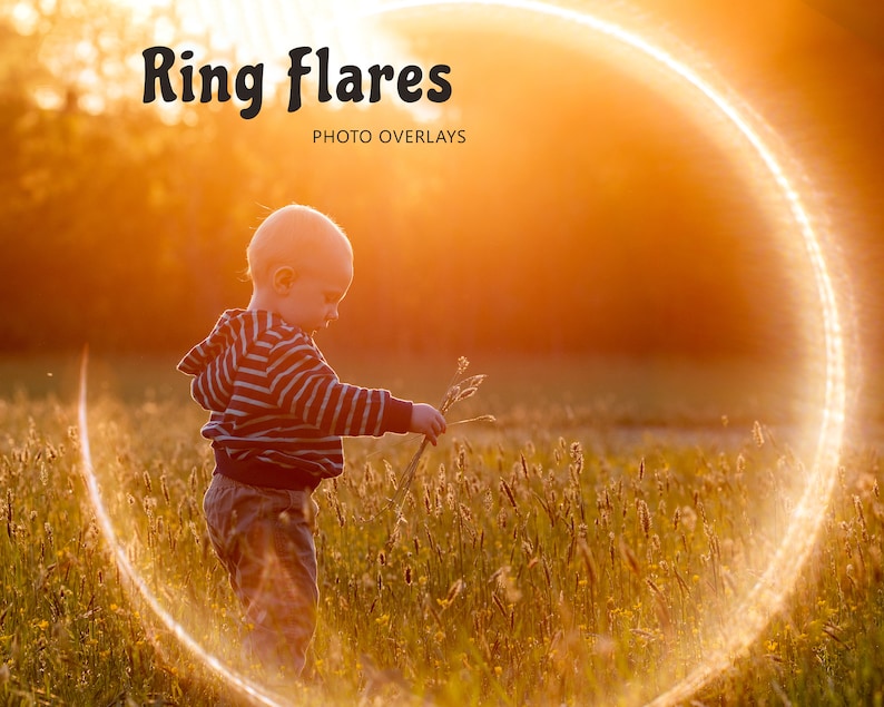 May include: A young child stands in a field of tall grass, holding a small branch. A bright, glowing ring of light surrounds the child, creating a magical effect. The text "Ring Flares PHOTO OVERLAYS" is displayed at the top of the image.