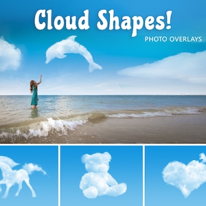 Könnte beinhalten: Eine Collage aus drei Bildern, die verschiedene Wolkenformen zeigen. Das erste Bild zeigt eine Wolke in Form eines Delfins. Das zweite Bild zeigt eine Wolke in Form eines Teddybären. Das dritte Bild zeigt eine Wolke in Form eines Herzens.
