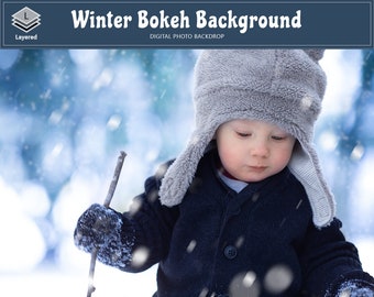 Blue Bokeh Winter Backdrop, Snow Digital Layered Photoshop Background