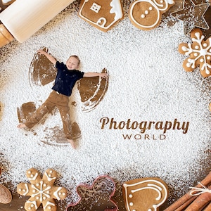 Gingerbread Cookie Backdrop, Christmas Baking with Flour Snow Angels