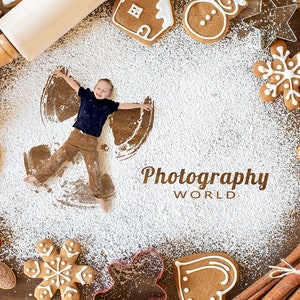 Lebkuchen Keks Backdrop, Weihnachtsbäckerei mit Mehl Schneeengel