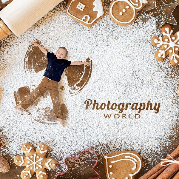 Lebkuchen Keks Backdrop, Weihnachtsbäckerei mit Mehl Schneeengel