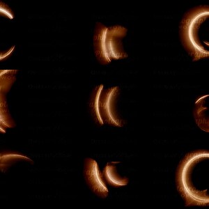 May include: A collection of 10 glowing orange and yellow crescent shapes on a black background. The shapes are all different sizes and orientations.