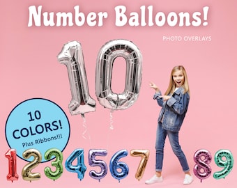 Balloon Number Overlays, Foil Mylar Balloons with Ribbons & String