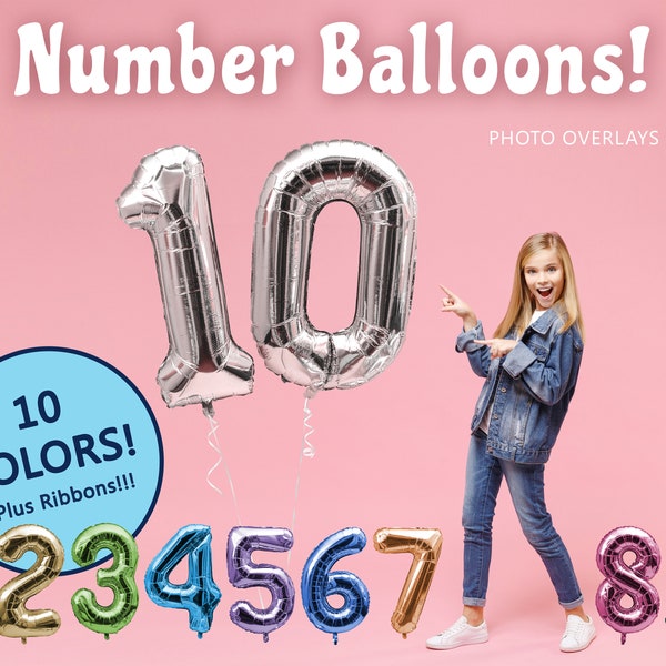 Balloon Number Overlays, Foil Mylar Balloons with Ribbons & String