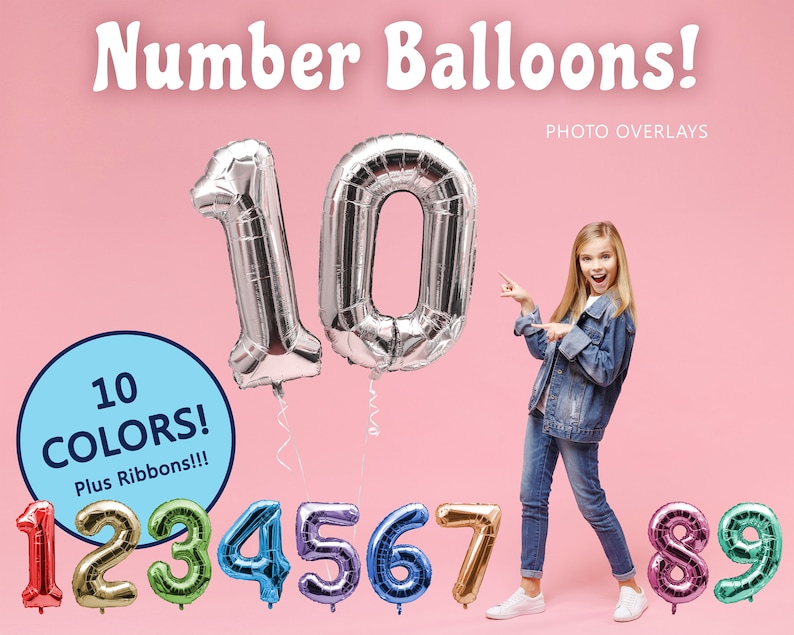 Balloon Number Overlays, Foil Mylar Balloons with Ribbons & String image 1