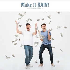Op de afbeelding: Twee mensen staan voor een witte achtergrond met dollarbiljetten die om hen heen vallen. Ze lachen allebei en kijken naar de camera. De tekst "Make It Rain!" staat bovenaan de afbeelding.
