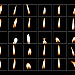 May include: A collection of 36 images showing different variations of a candle flame. The flames are all yellow and orange and are set against a black background.