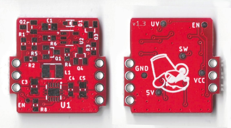 May include: A red circuit board with white text and components. The board has a white logo of a cartoon character wearing a red hat. The text on the board includes "v1.3 UV", "EN", "SW", "GND", "5V", and "VCC".