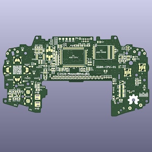 May include: A dark green printed circuit board with gold-colored contact pads and traces. The board features the text AGBM-CPU-01 and 2026 MouseBiteLabs printed in white. It includes various electronic component footprints and a QR code.