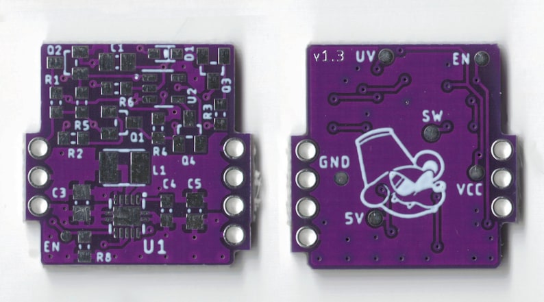 May include: A purple circuit board with a white chip labeled "U1" and various components, including resistors, capacitors, and a chip labeled "U2". The board has a white outline of a cartoon animal wearing a hat and sunglasses.