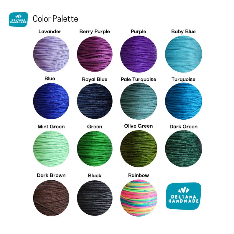 May include: Color palette chart with 14 different colors of cord, including lavender, berry purple, purple, baby blue, blue, royal blue, pale turquoise, turquoise, mint green, green, olive green, dark green, dark brown, black, and rainbow.