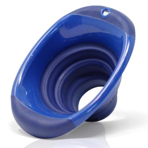 May include: A blue silicone funnel with a wide top and a narrow spout. The funnel is collapsible and has a handle.